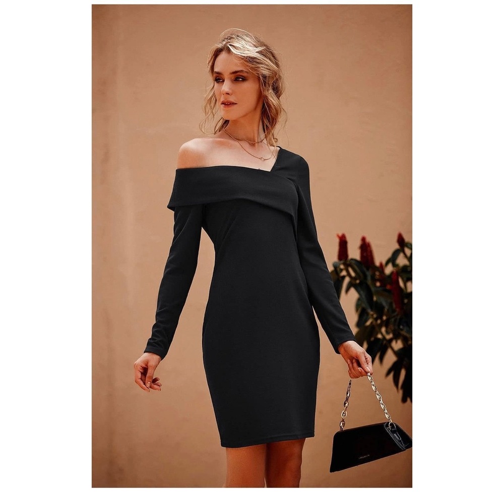 PRETTYGARDEN Women's Off Shoulder‎ Bodycon Dress Asymmetrical Neck Long Sleeve